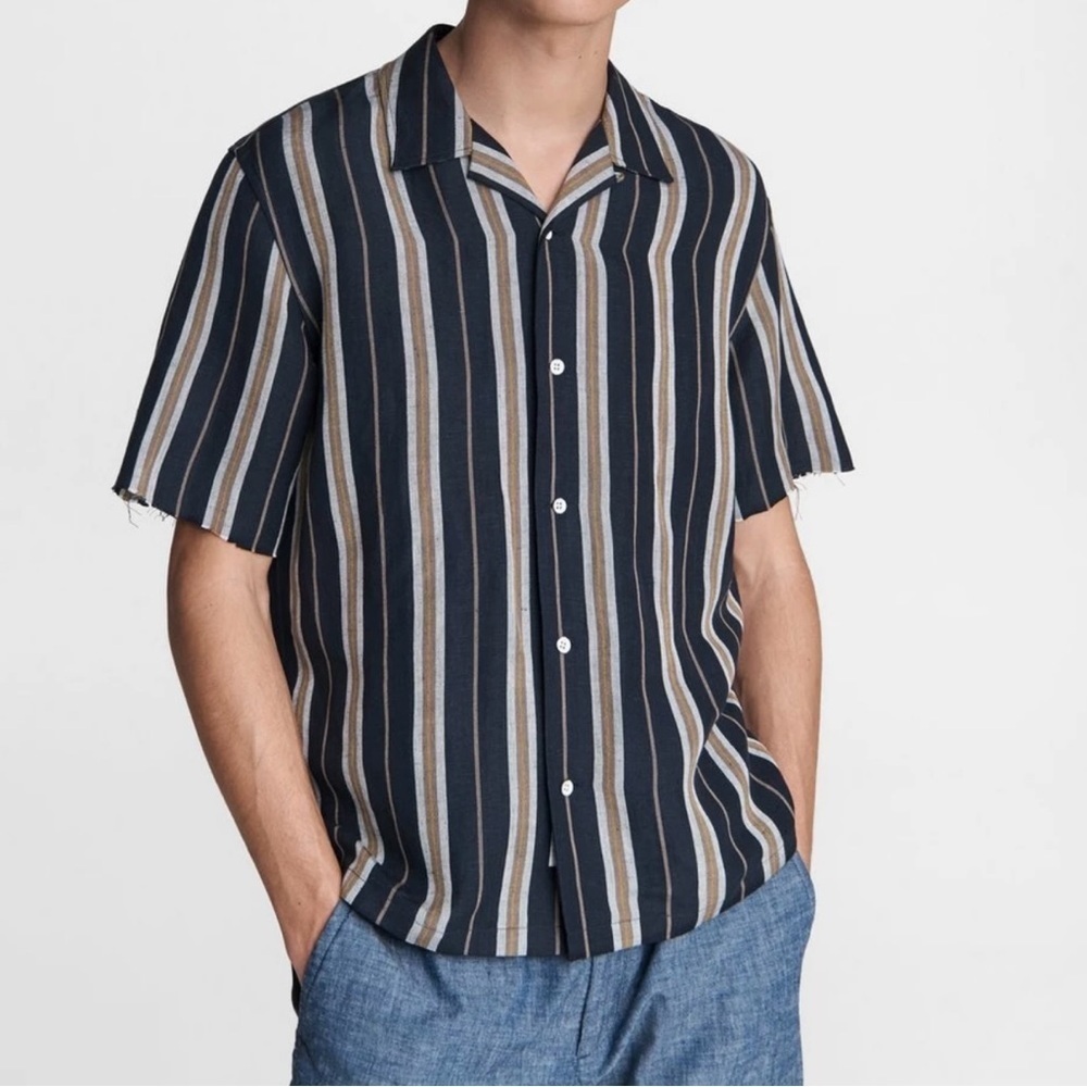 Rag & Bone Avery Navy Yellow Striped Linen Blend Short Sleeve Button Down Size S